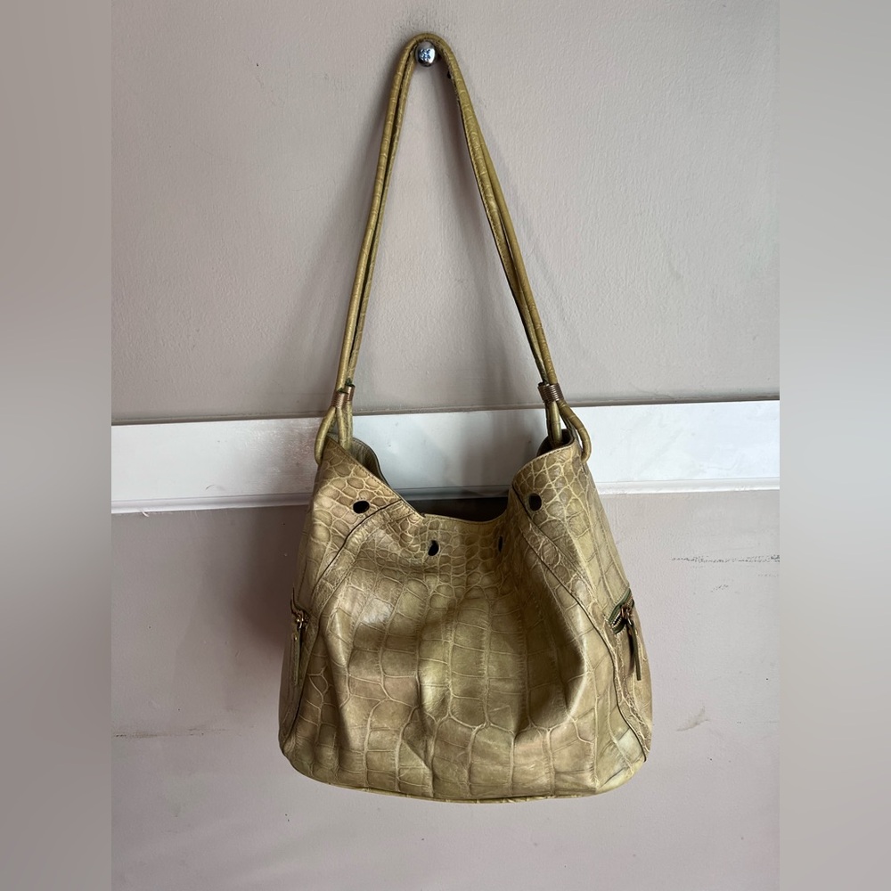 Brahmin Beige Crocodile-Embossed Shoulder Bag